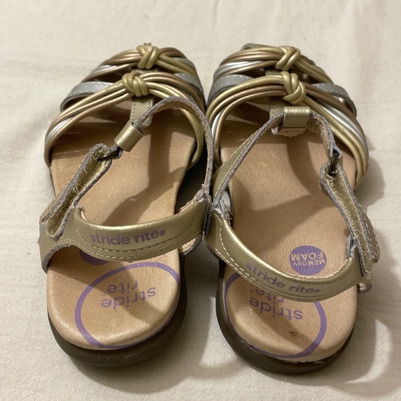Stride Rite Girls Size 10.5 Kids Gold Silver Strappy Bow Sandals Active - Picture 5 of 11